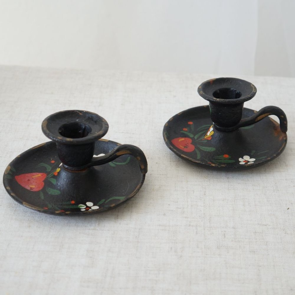 Set of 2 Vintage Hand Painted Cast Iron Floral Heart candle Holders